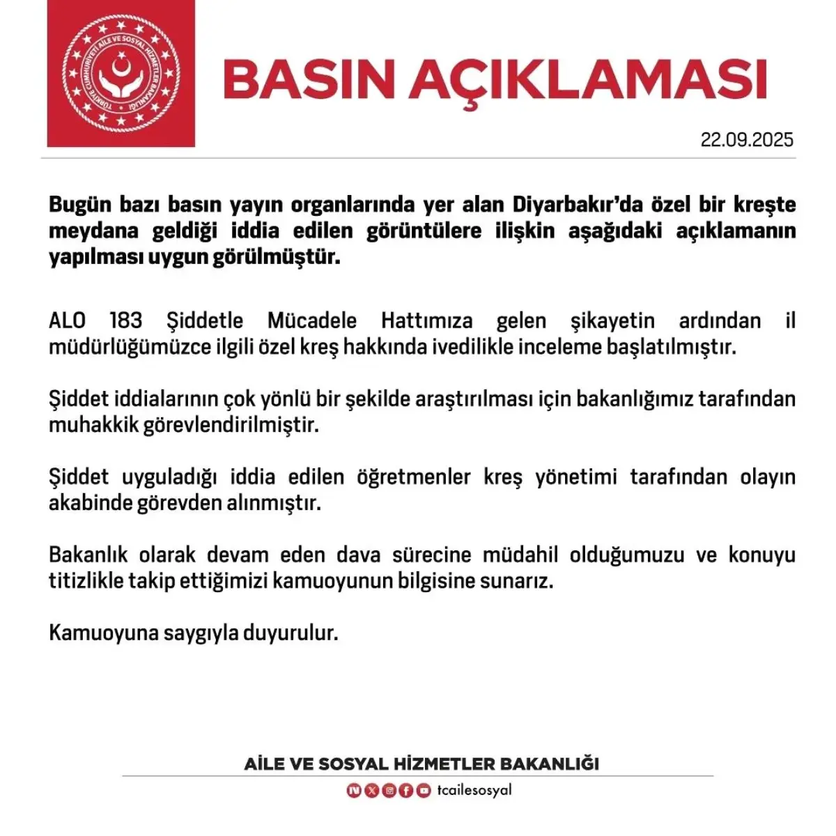 Diyarbakır’daki Kreşteki İddialar Üzerine Bakanlıktan Resmi Açıklama