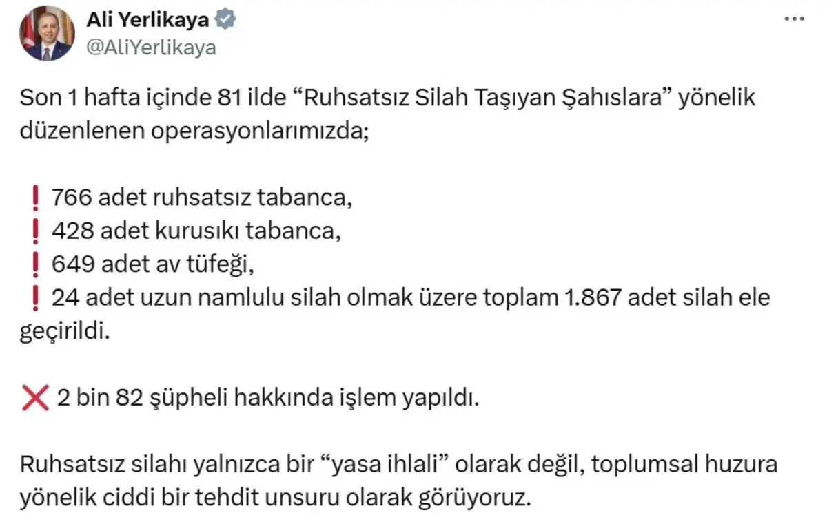 İçişleri Bakanı Yerlikaya’dan Ruhsatsız Silah Operasyonlarına İlişkin Güncel Bilgi