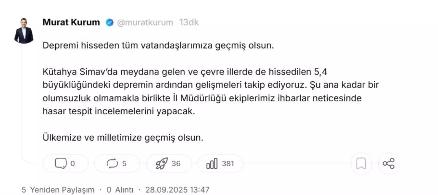 Murat Kurum’dan Simav Depremi Hakkında İlk Açıklama