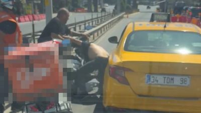 Taksiciyle motokurye ortasında yol verme arbedesi