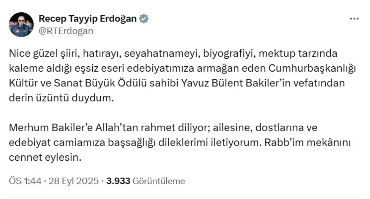 Ünlü Şair ve Yazar Yavuz Bülent Bakiler’in Vefatı ve Devletimizin Taziye Mesajı