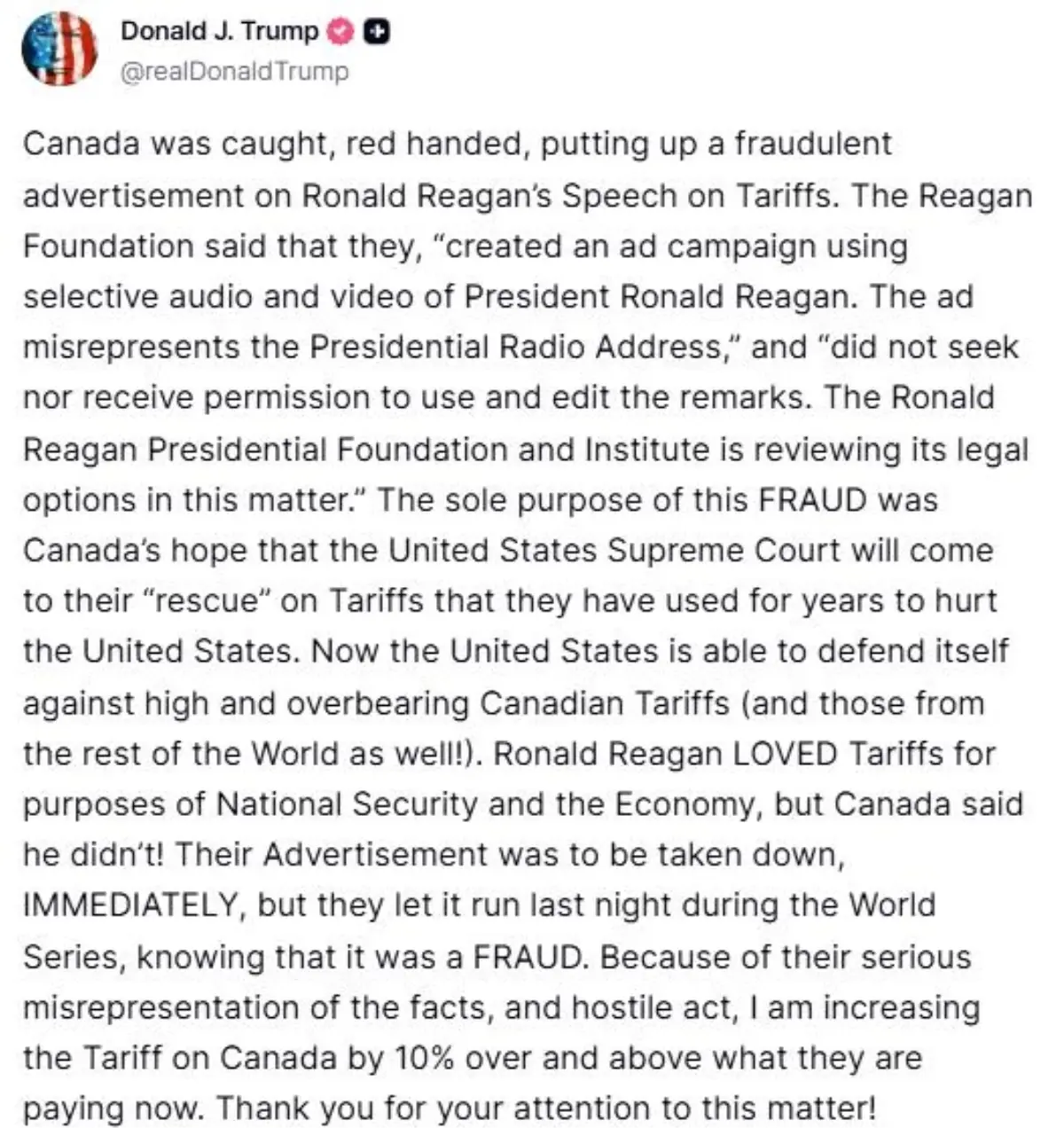 ABD Başkanı Trump’tan Kanada’ya Gümrük Vergisi Güncellemesi ve Ronald Reagan Vurgusu