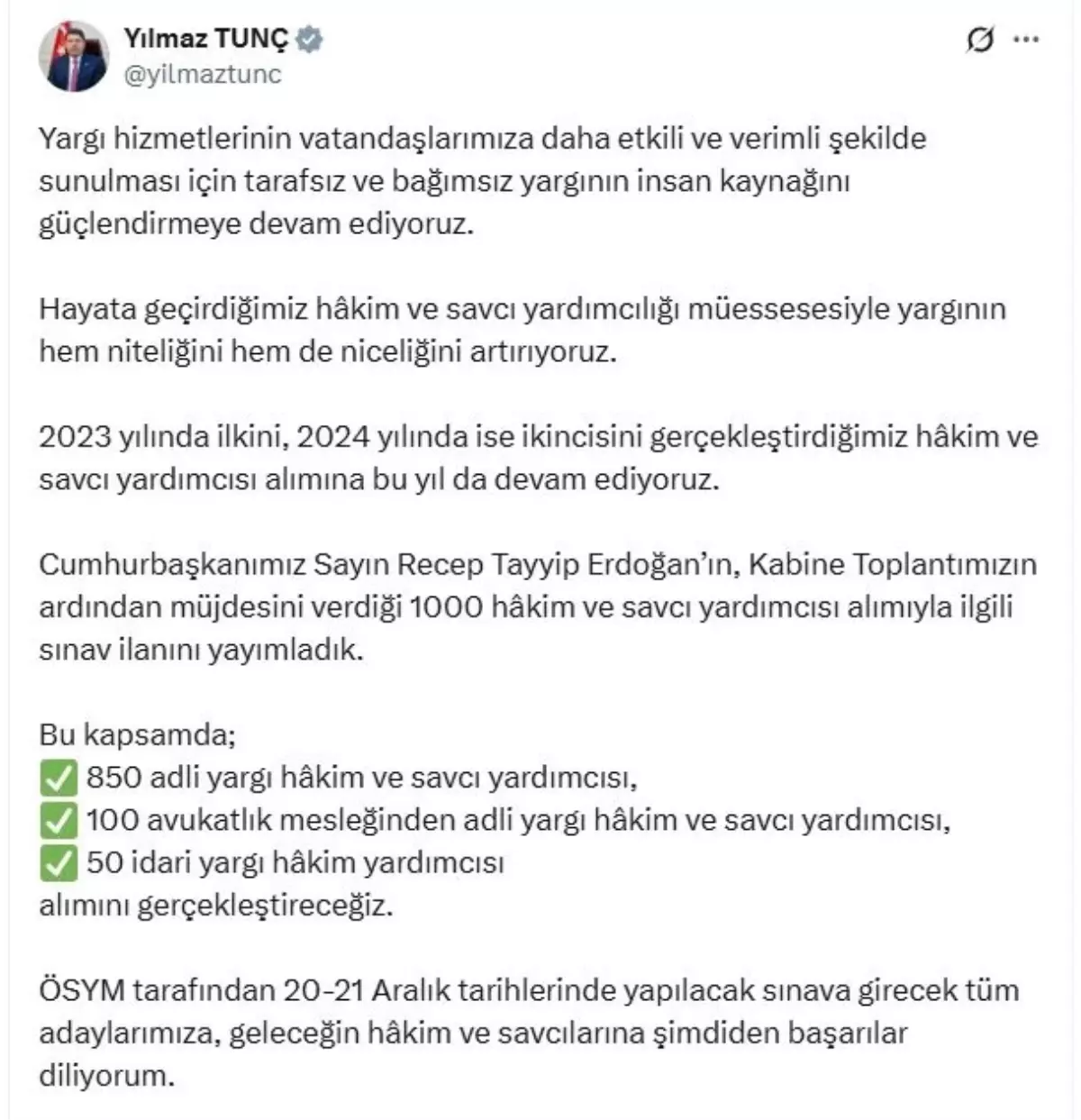 Adalet Bakanı Yılmaz Tunç’tan Hakim ve Savcı Alımlarıyla İlgili Müjde