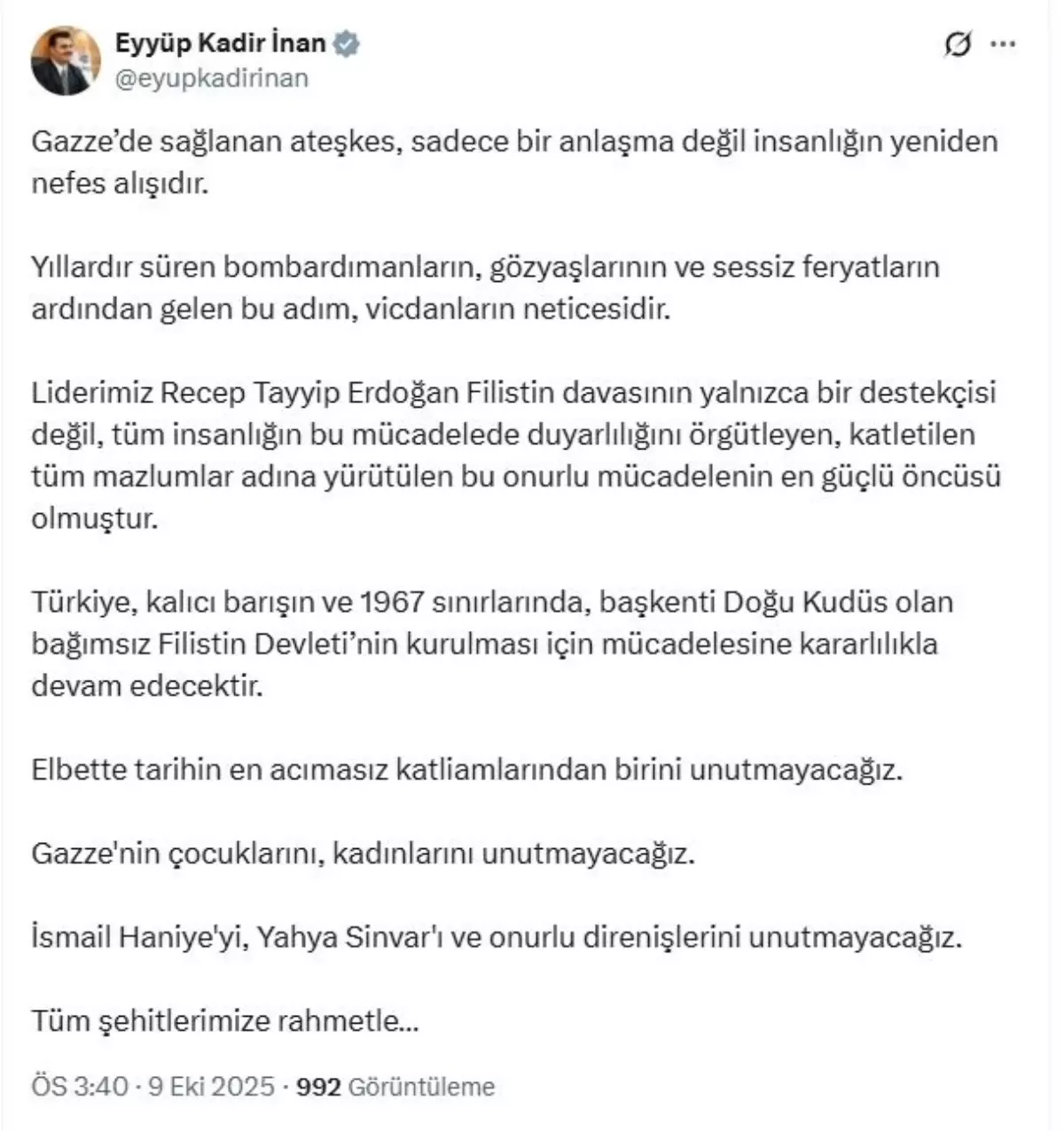 AK Parti Genel Sekreteri İnan: Filistin Davasında Kararlılığımız Devam Edecek