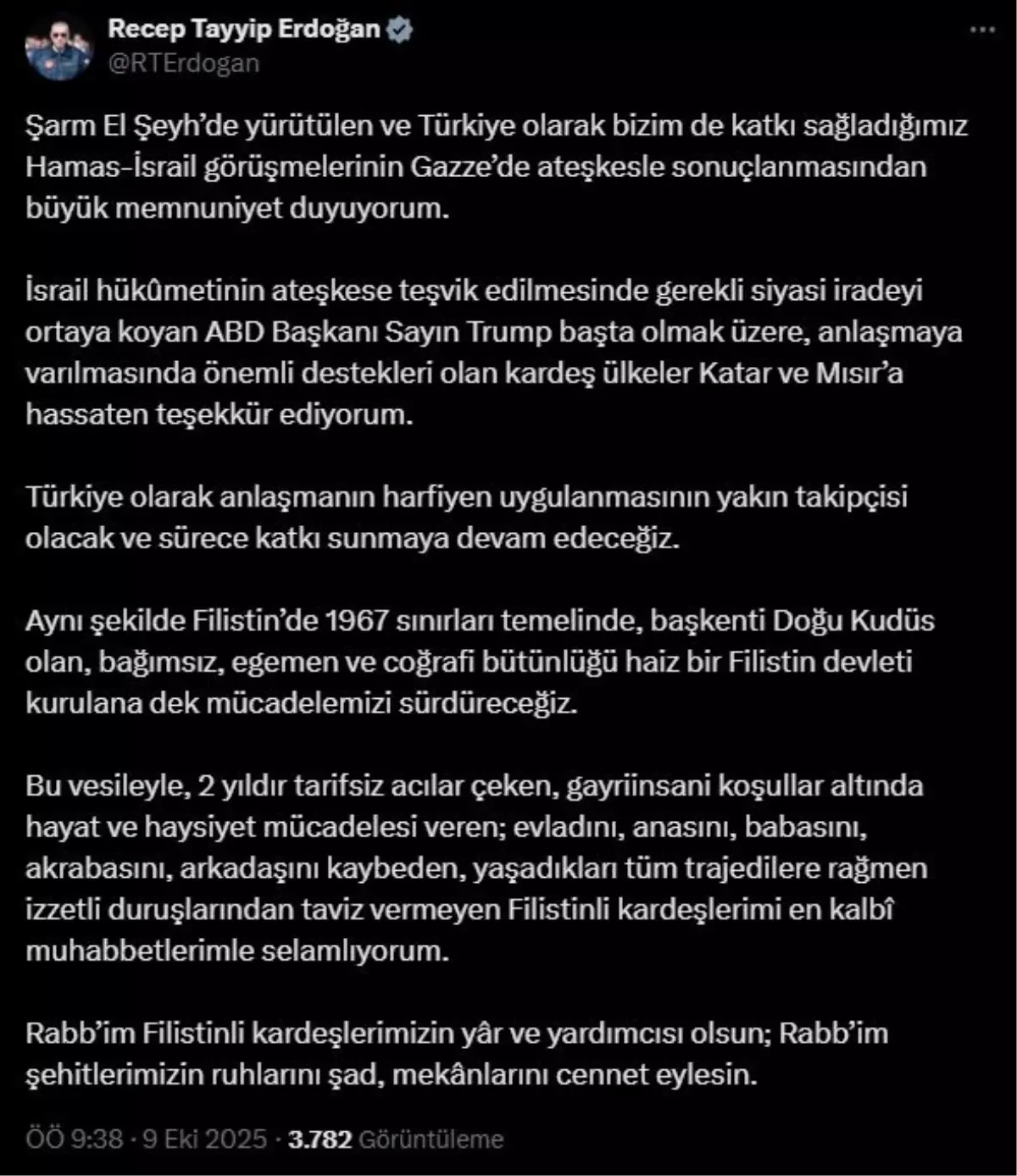Cumhurbaşkanı Erdoğan’dan Gazze ve Filistin Açıklaması