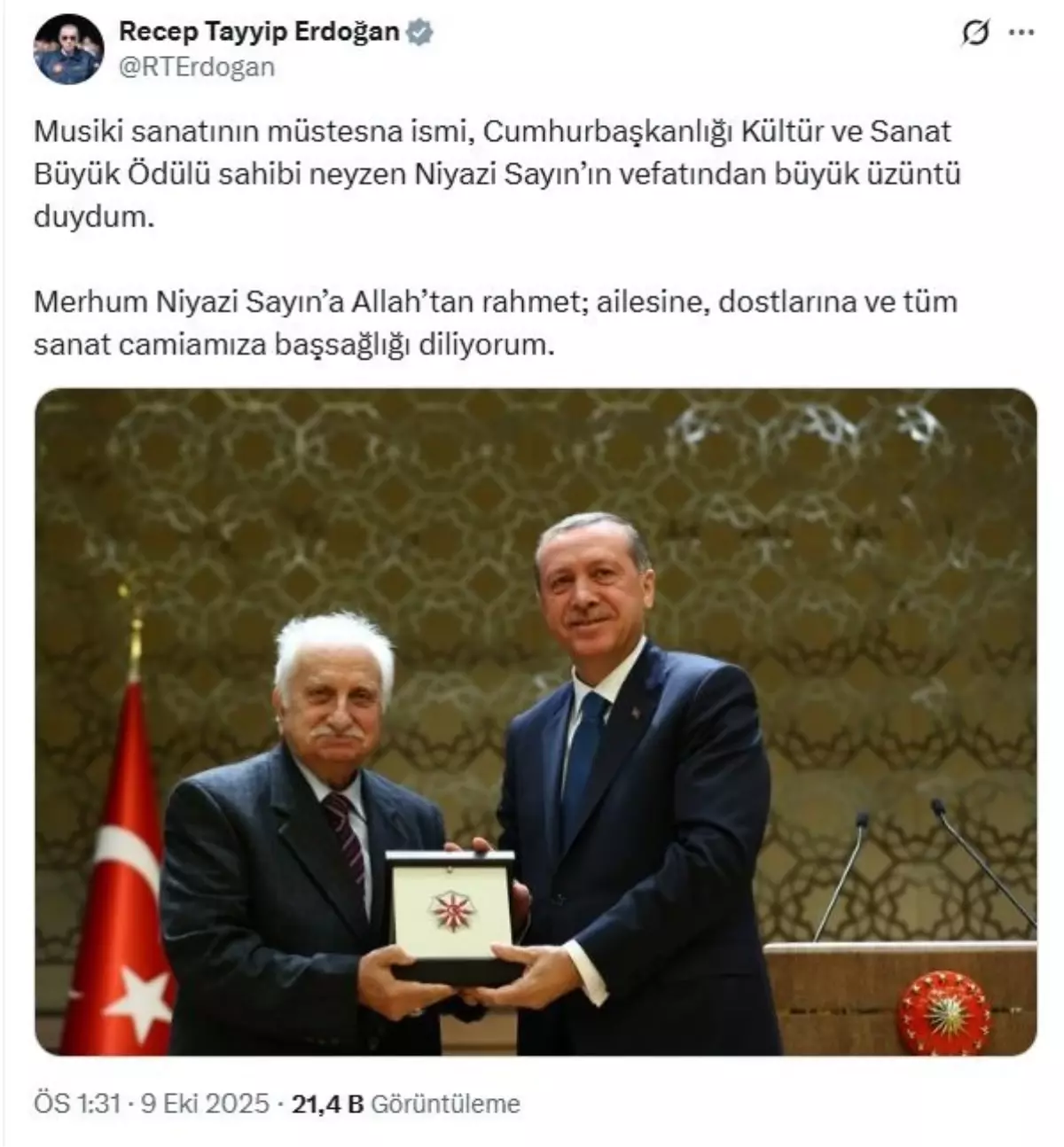 Cumhurbaşkanı Erdoğan’dan Niyazi Sayın’ın Vefatı Üzerine Başsağlığı Mesajı