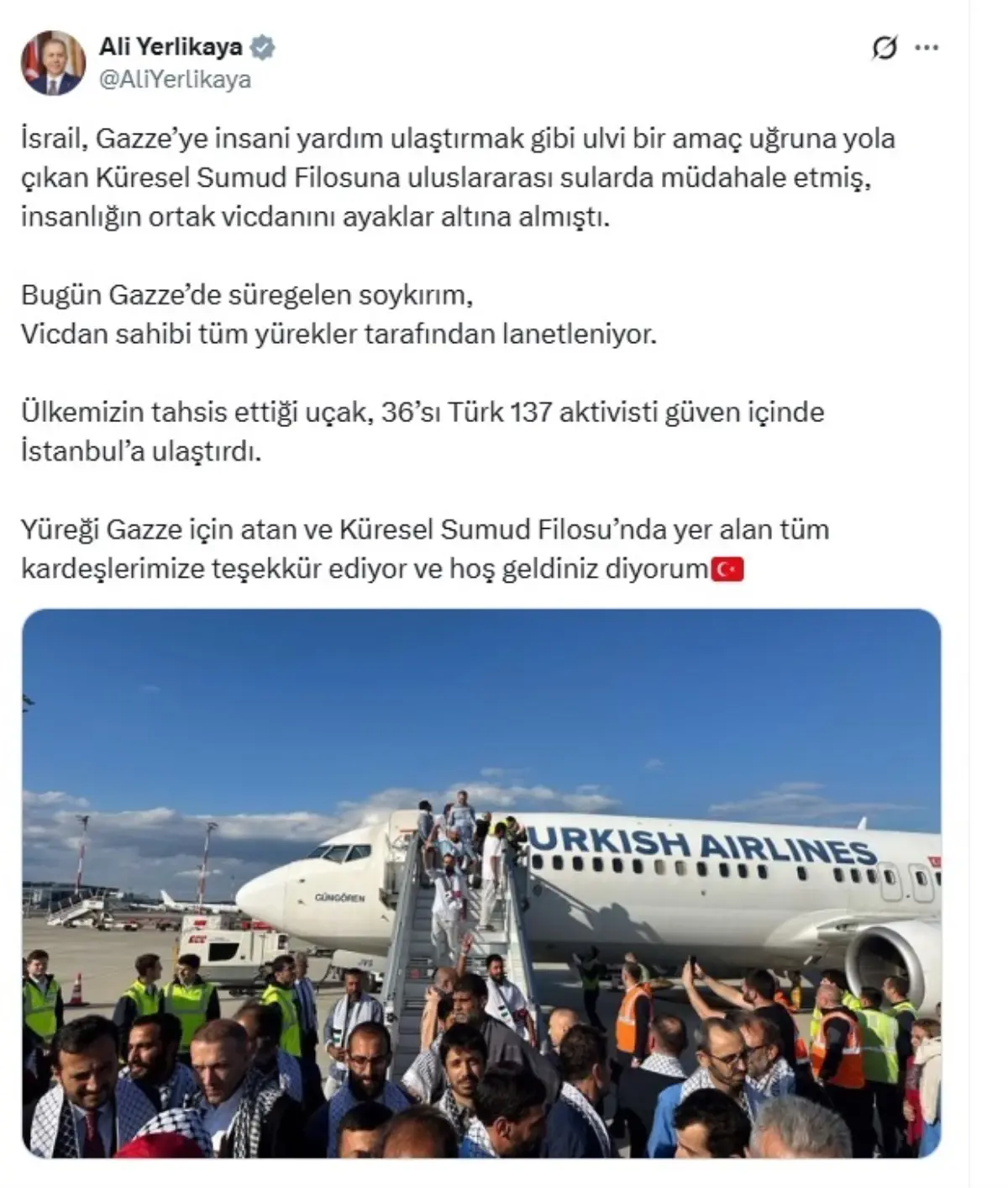 İçişleri Bakanı Yerlikaya’dan Gazze ve Küresel Sumud Filosu Destek Mesajı