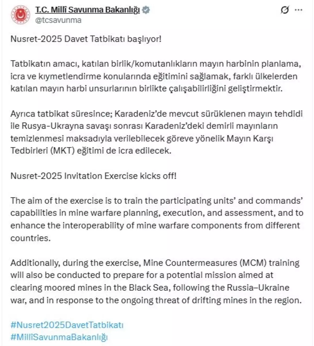 Milli Savunma Bakanlığı’nın Mayınla Mücadele Tatbikatı ‘Nusret-2025’ Başladı