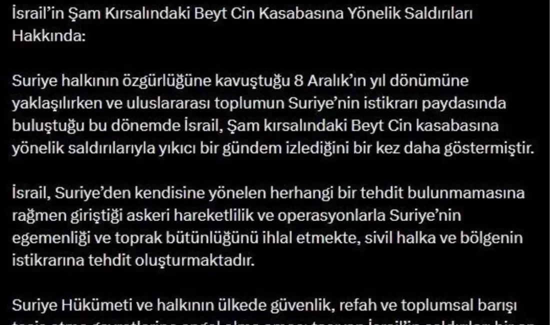 Dışişleri Bakanlığı, İsrail'in Şam