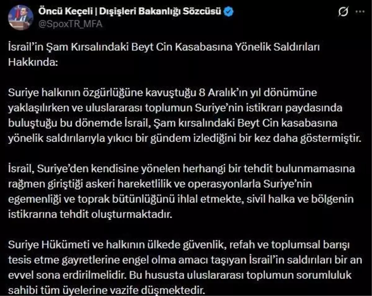 Dışişleri Bakanlığı’ndan İsrail’in Şam Saldırısına Sert Tepki