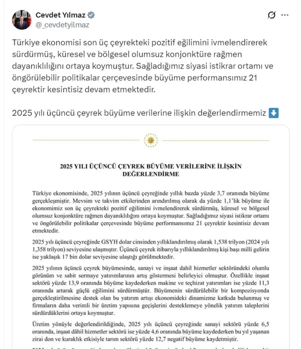 2025 Üçüncü Çeyrek Ekonomik Görünüm ve Yılmaz’ın Değerlendirmeleri