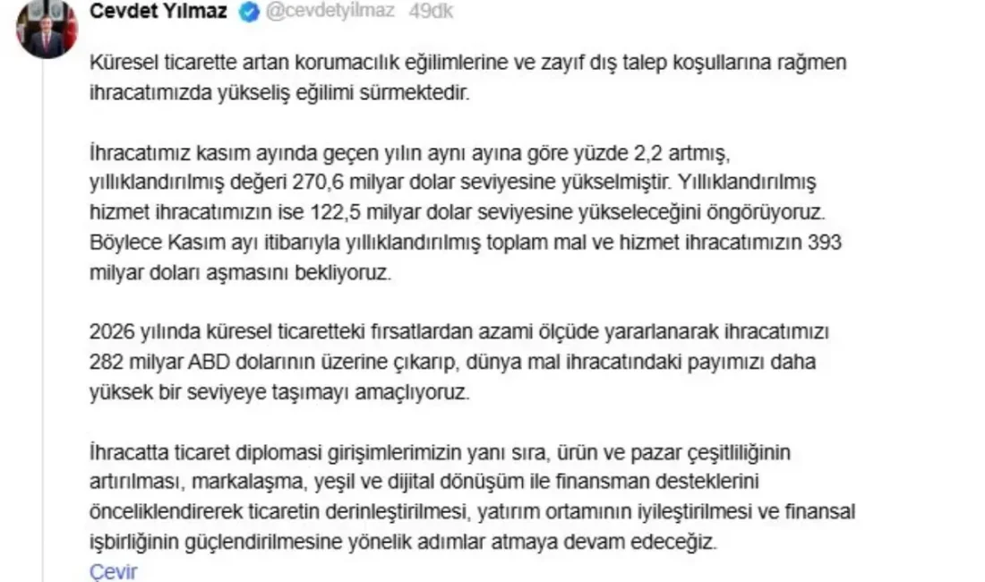 Cevdet Yılmaz, 2026 ihracat