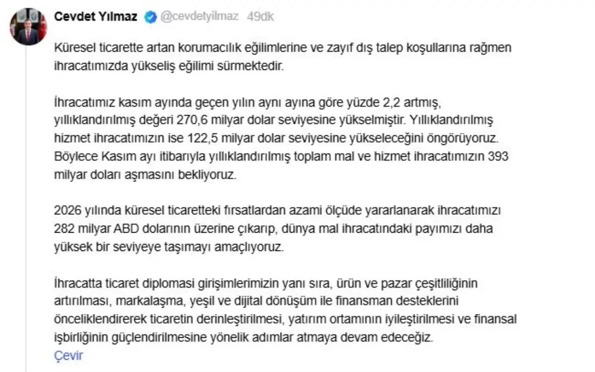 Cevdet Yılmaz’dan 2026 İhracat Hedefleri ve Küresel Ticaret Vizyonu