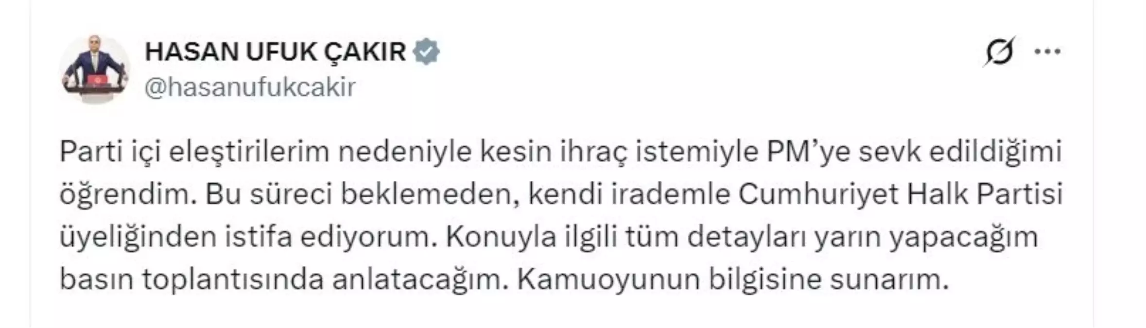 CHP Mersin Milletvekili Hasan Ufuk Çakır’dan İstifa Kararı Açıklaması