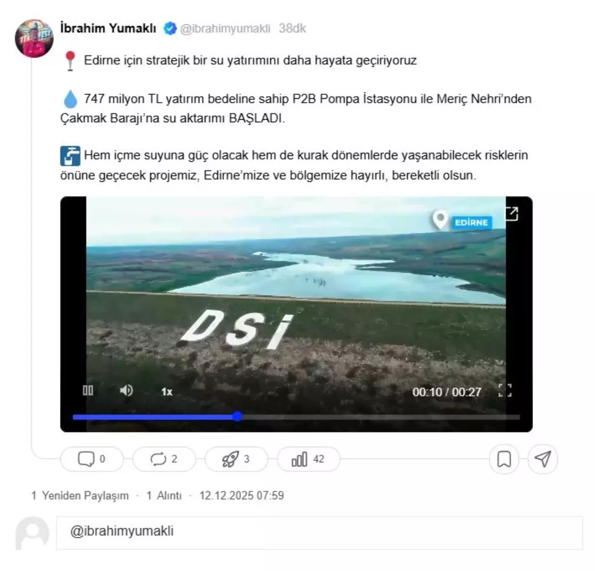 Edirne’ye Büyük Su Temini Hamlesi: P2B Pompa İstasyonu Faaliyette