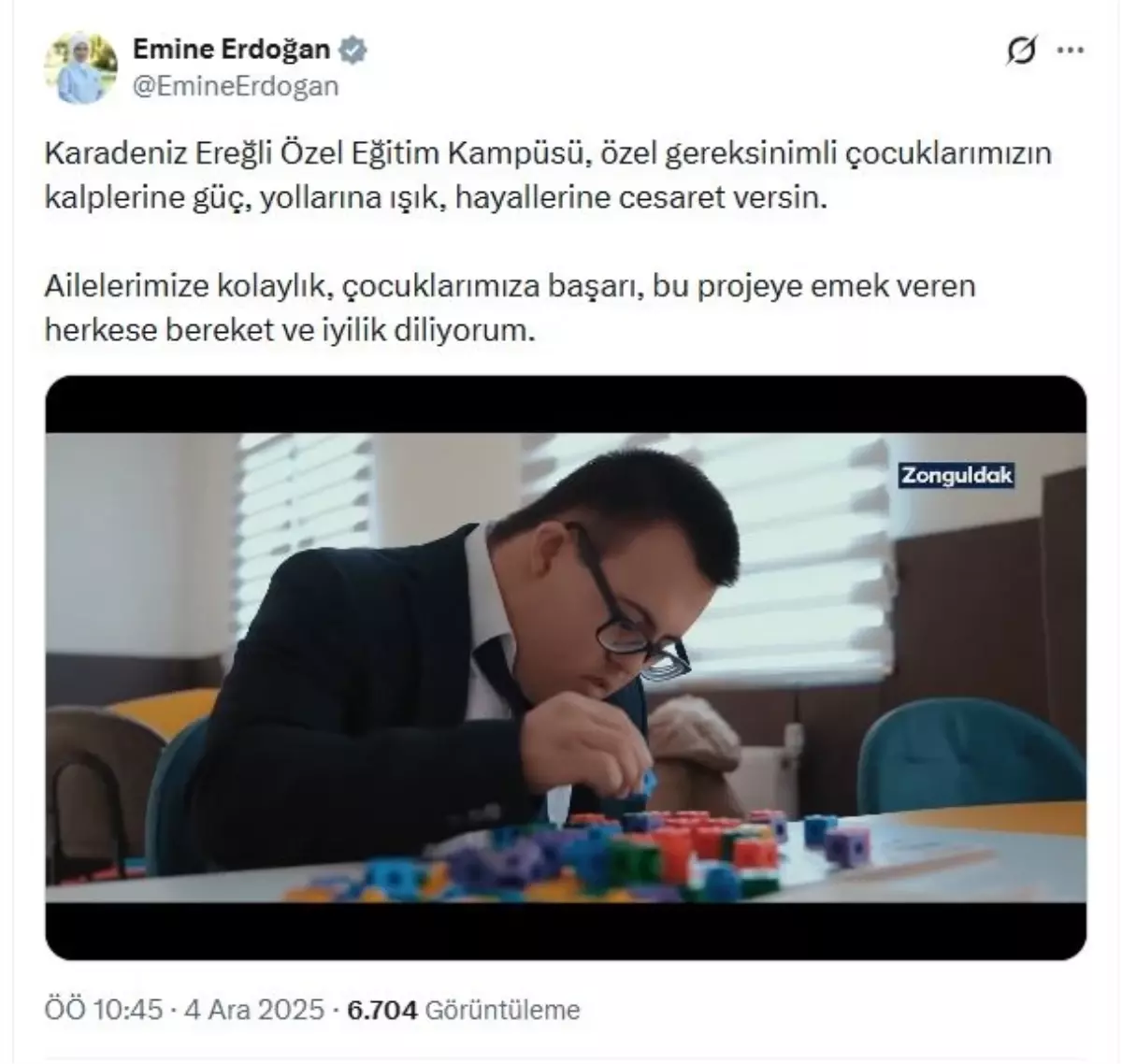 Emine Erdoğan’dan Ereğli Özel Eğitim Kampüsü ile ilgili anlamlı paylaşım