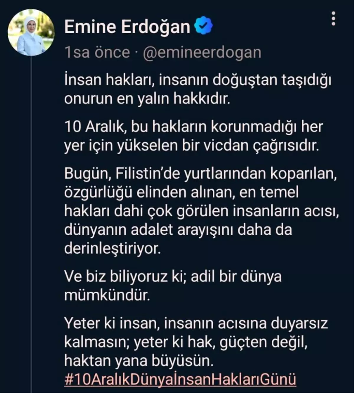 Emine Erdoğan’dan İnsan Hakları Günü Mesajı ve Filistin Vurgusu
