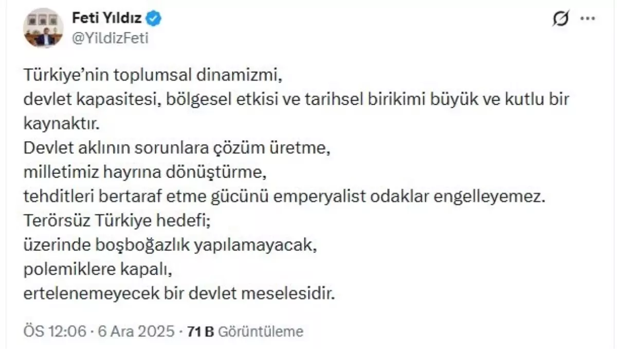 Feti Yıldız’dan Terörsüz Türkiye Hedefine Vurgulu Destek