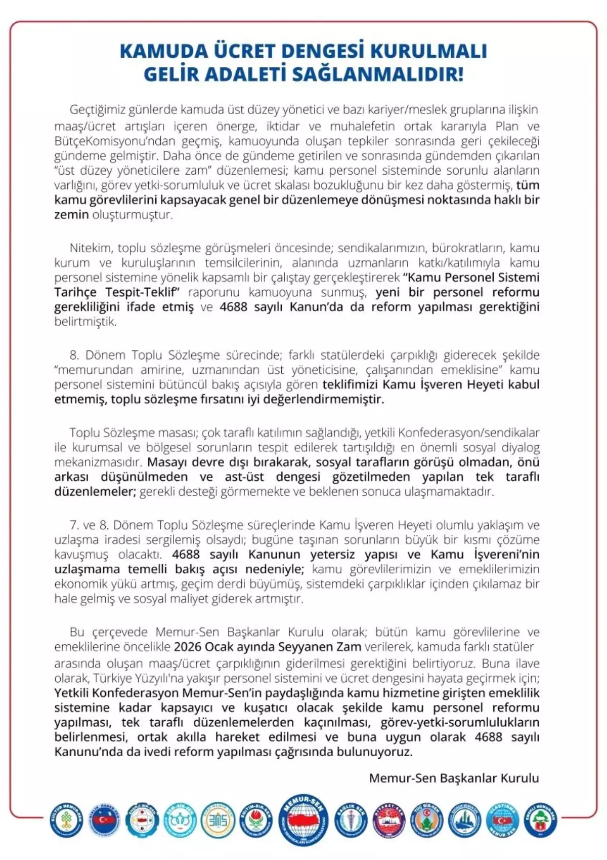 Kamu Personel Reformu ve Türkiye Yüzyılı Vizyonu İçin Memur-Sen’in Talepleri