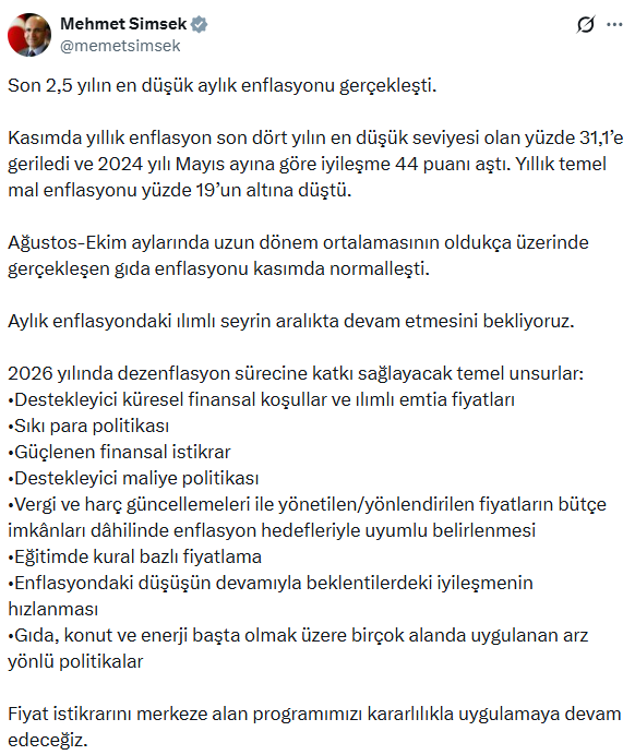 Hazine ve Maliye Bakanı Şimşek'in Değerlendirmeleri