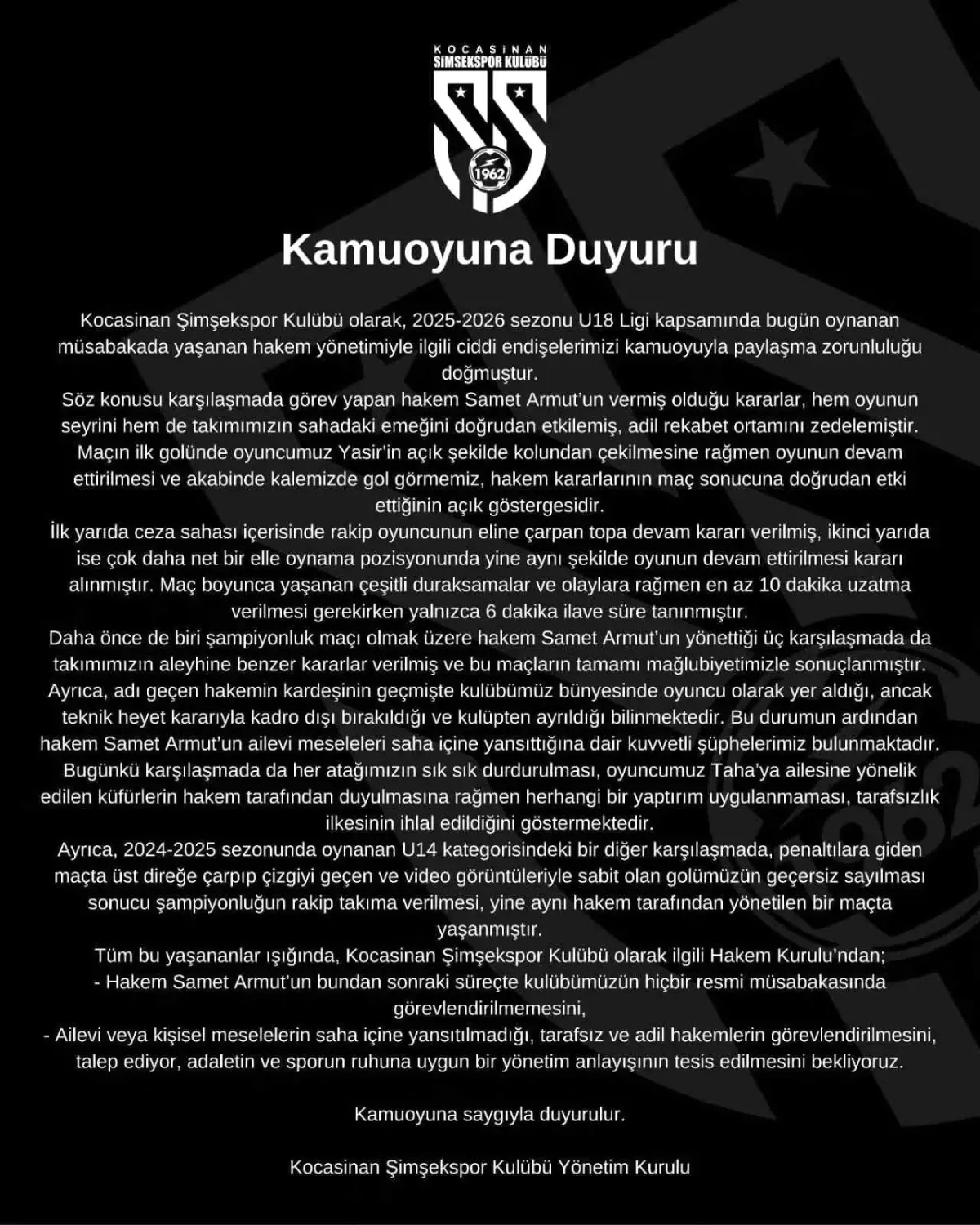 Kocasinan Şimşekspor’dan Hakem İstifası ve Adil Oyun Talebi