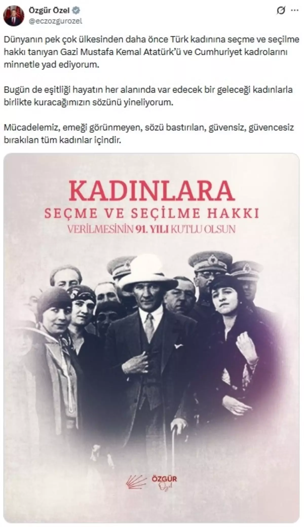 Özgür Özel’den Türk Kadınının 91 Yılına Anlamlı Mesaj